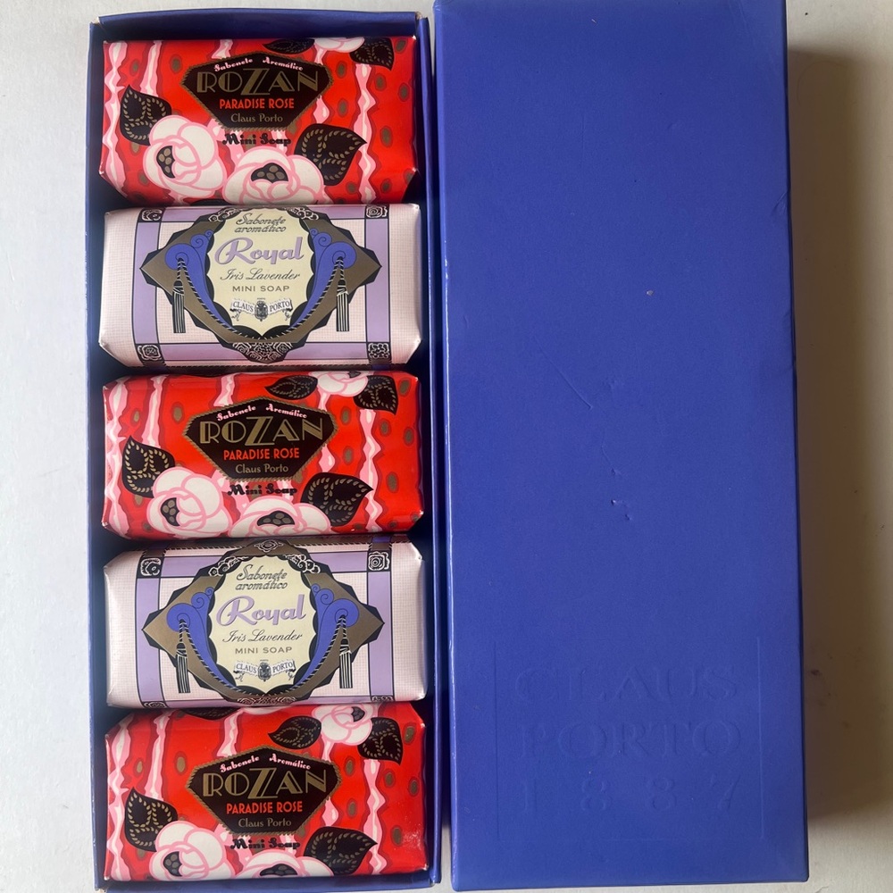 5 x Claus Porto Iris Lavender & Paradise Rose Mini Soap Bars in box - 1.8oz/50g